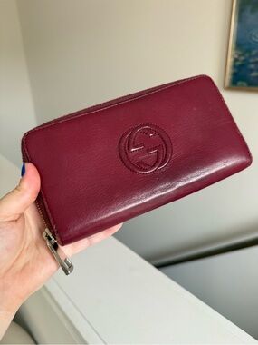 Gucci Deep Wine Res Leather Zip Around Wallet with Embossed GG
